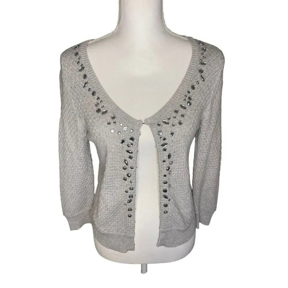 American Eagle Women’s Medium Gray Rhinestone Crochet Crop Cardigan Bejeweled Ho - Picture 1 of 6